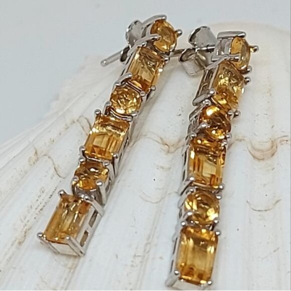 Natural Octagon‎ 6x4 Citrine 14K White Gold on 925 Sterling Silver Earrings - Picture 2 of 5